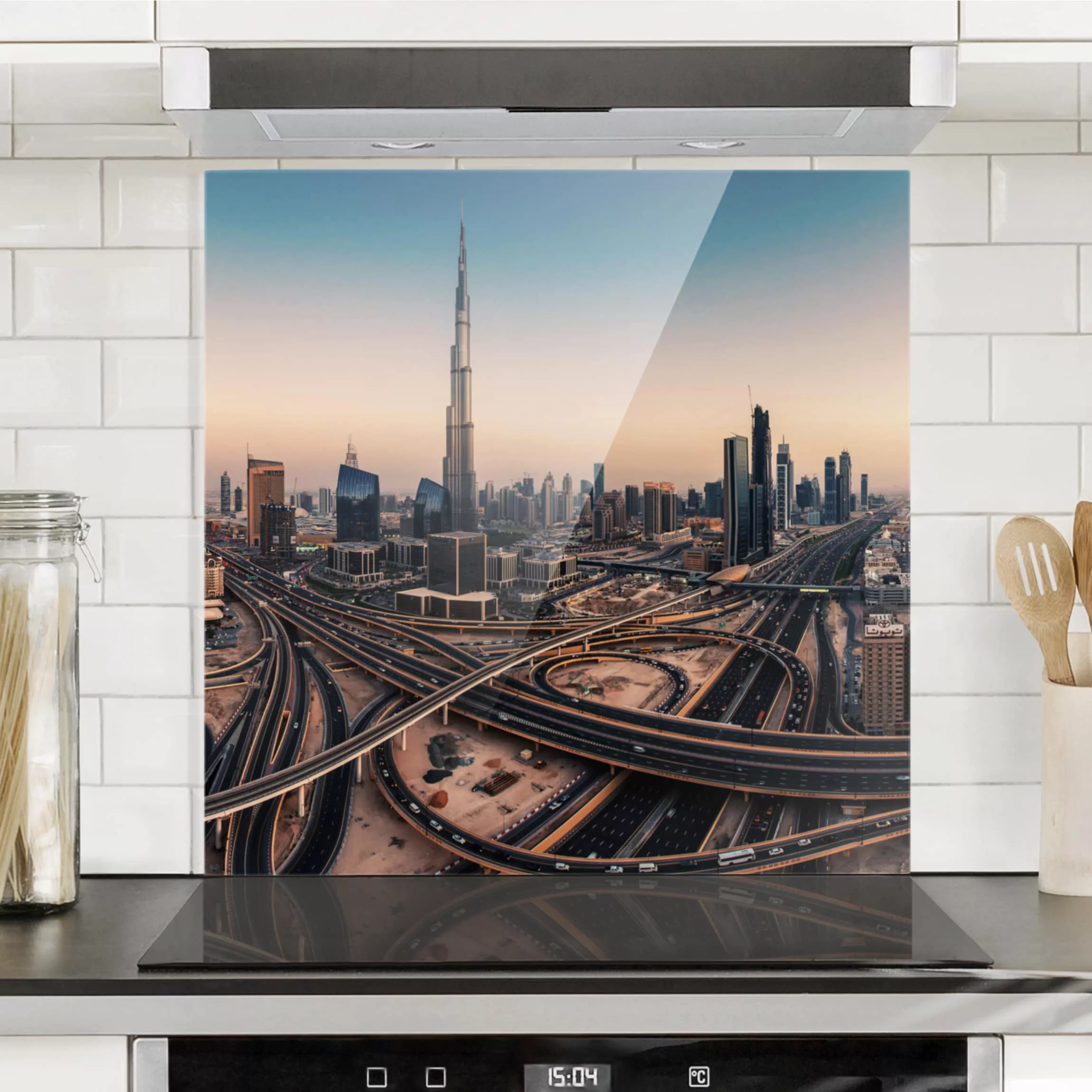Glas Spritzschutz Architektur & Skyline - Quadrat Abendstimmung in Dubai günstig online kaufen