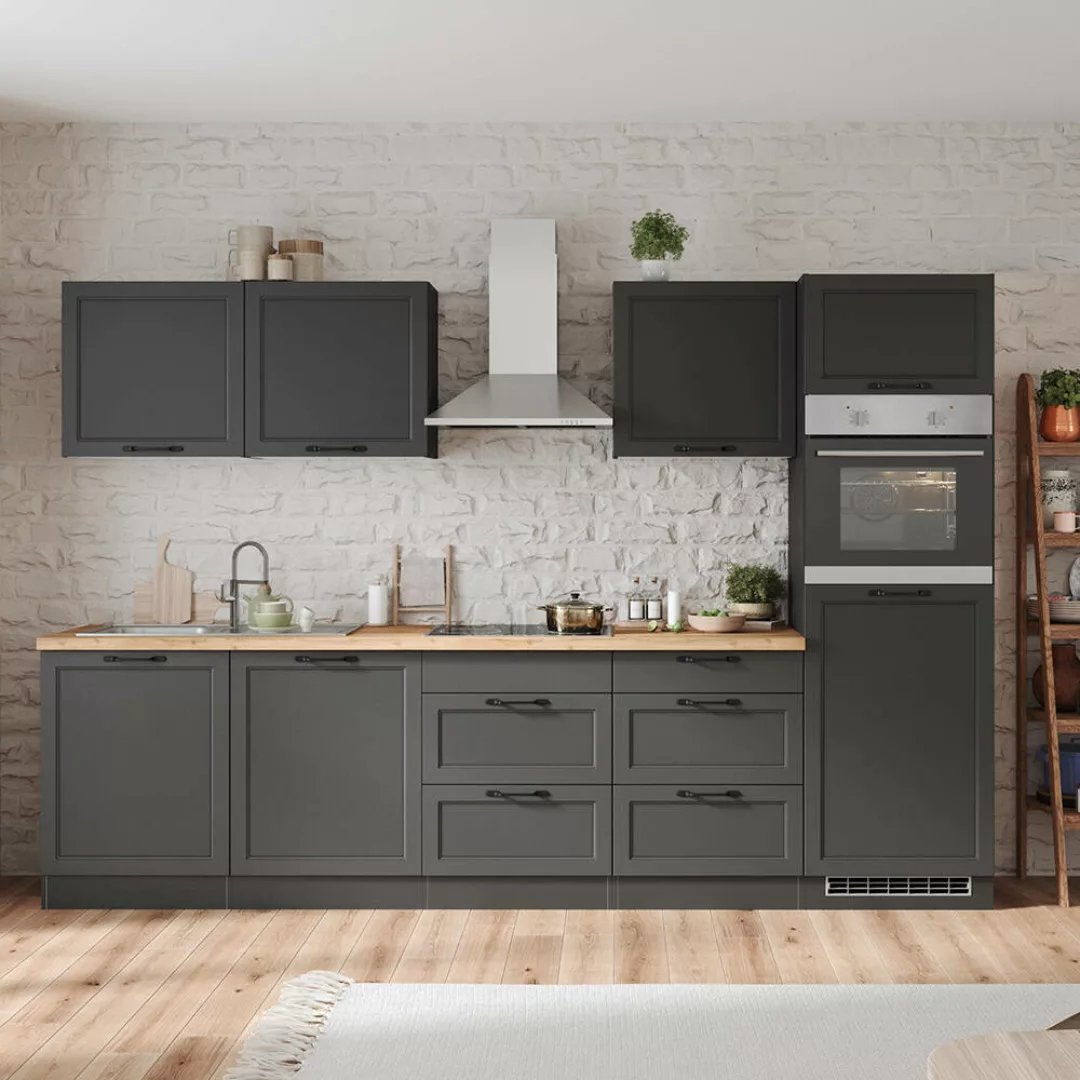 Küchenzeile 300 cm mit E-Geräten in grau, Arbeitsplatte in Eiche, MONTERREY günstig online kaufen