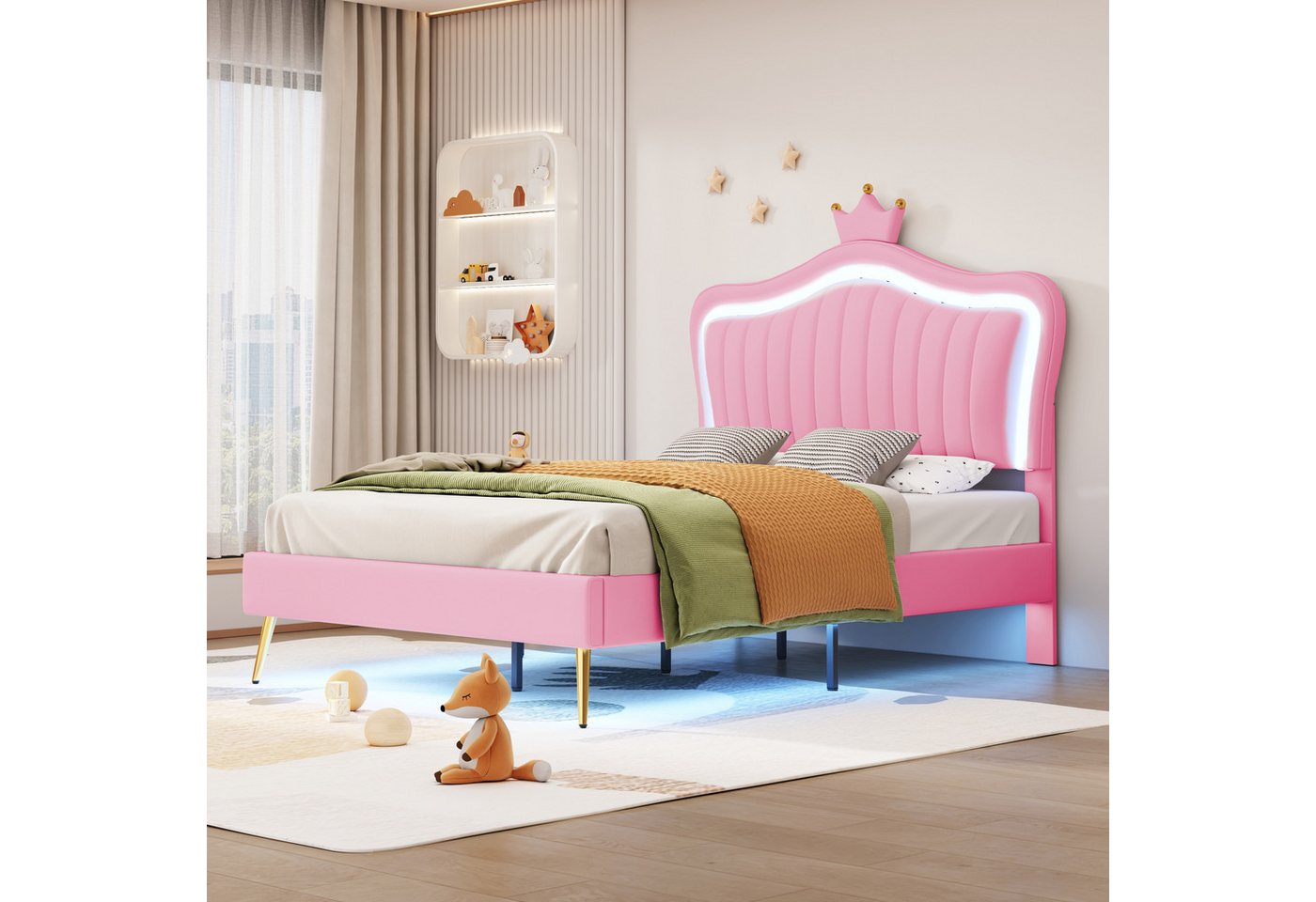 Ulife Polsterbett LED Kinderbett Einzelbett mit krone-Form Prinzessinnenbet günstig online kaufen