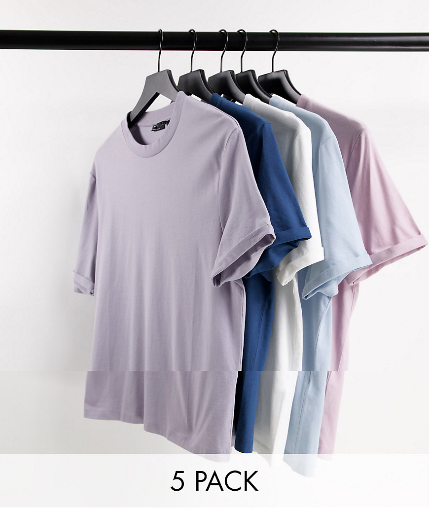ASOS DESIGN – 5er-Pack T-Shirts aus Bio-Material mit Rollärmeln in untersch günstig online kaufen