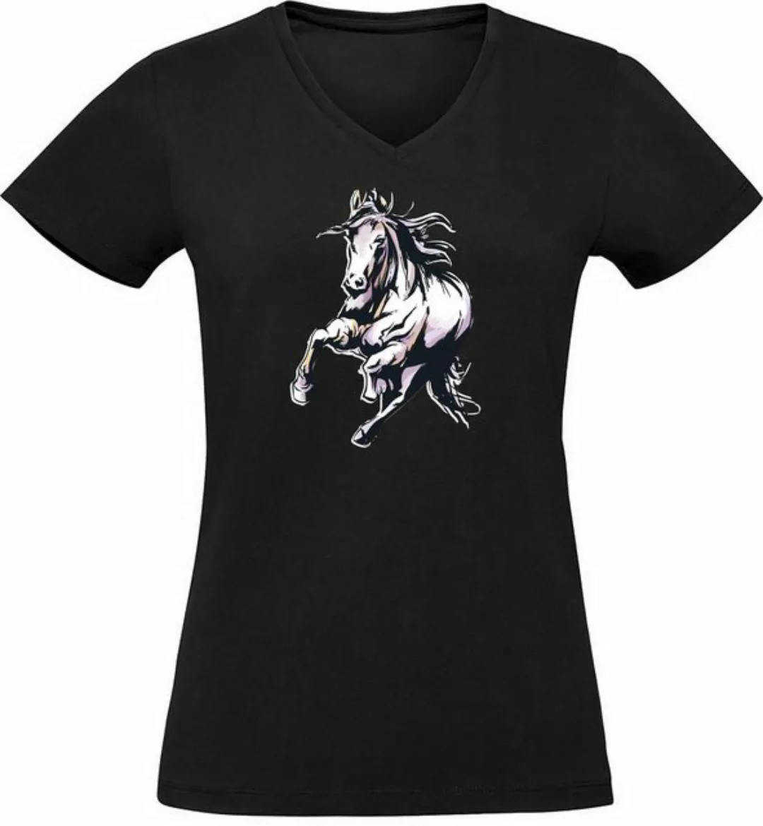 MyDesign24 T-Shirt Damen Pferde Print Shirt - Rennendes Pferd V-Ausschnitt günstig online kaufen