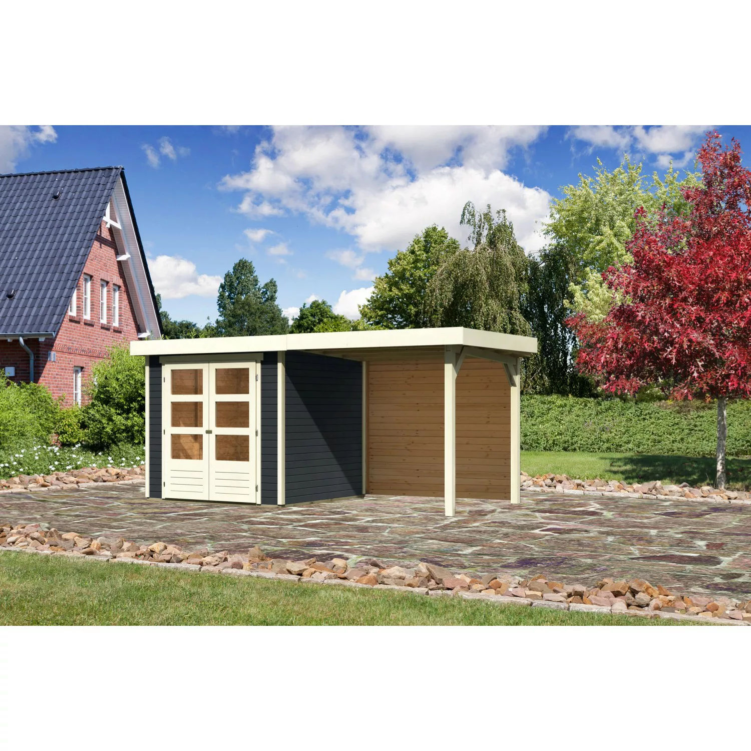 Karibu Gartenhaus/Gerätehaus Boras 2 Anthrazit 433 cm x 217 cm mit Anbaudac günstig online kaufen