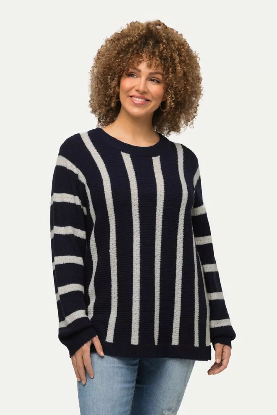 Ulla Popken Strickpullover Pullover breite Streifen Rundhals Langarm günstig online kaufen