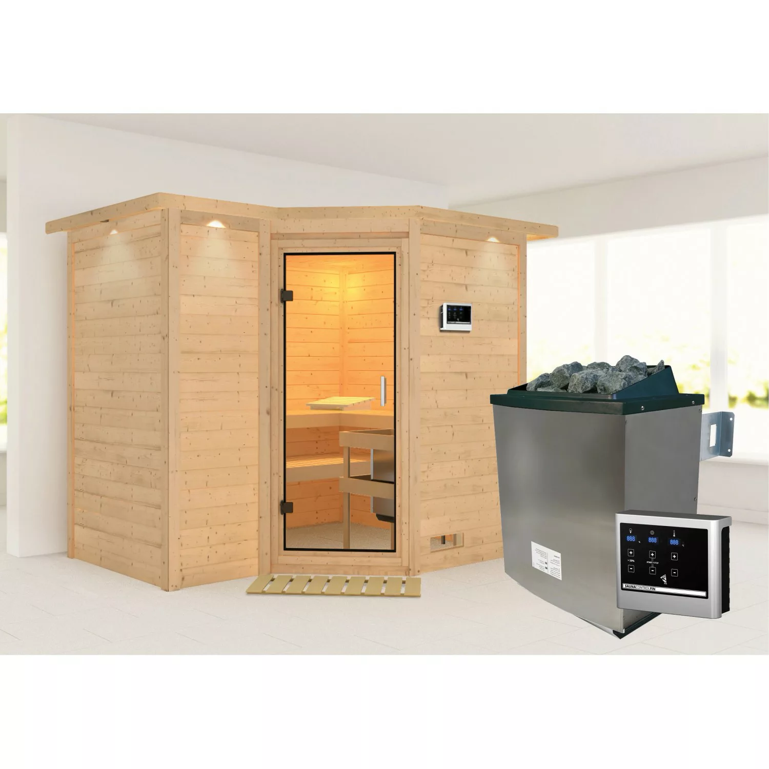 Karibu Sauna Steena 2 mit Ofen externe Stg.Easy LED-Dachkranz Natur günstig online kaufen