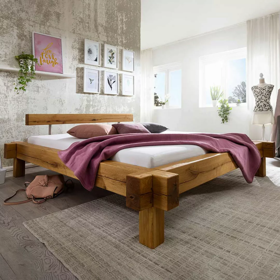 Balken Holzbett aus Wildeiche Massivholz rustikalen Landhausstil günstig online kaufen