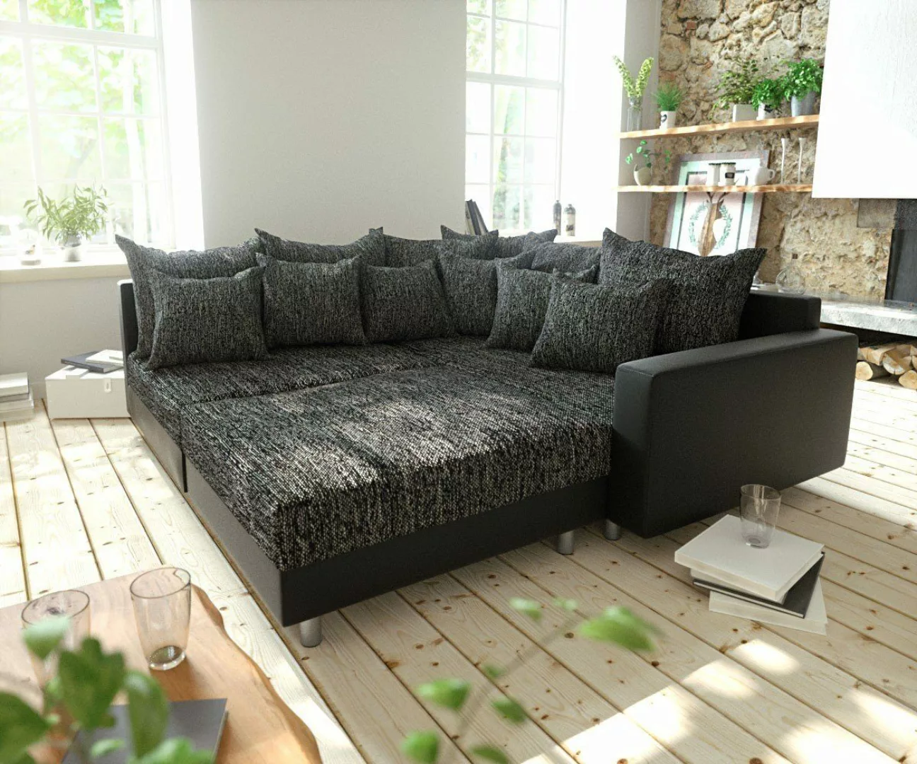 DELIFE Ecksofa Clovis, Schwarz mit Hocker günstig online kaufen