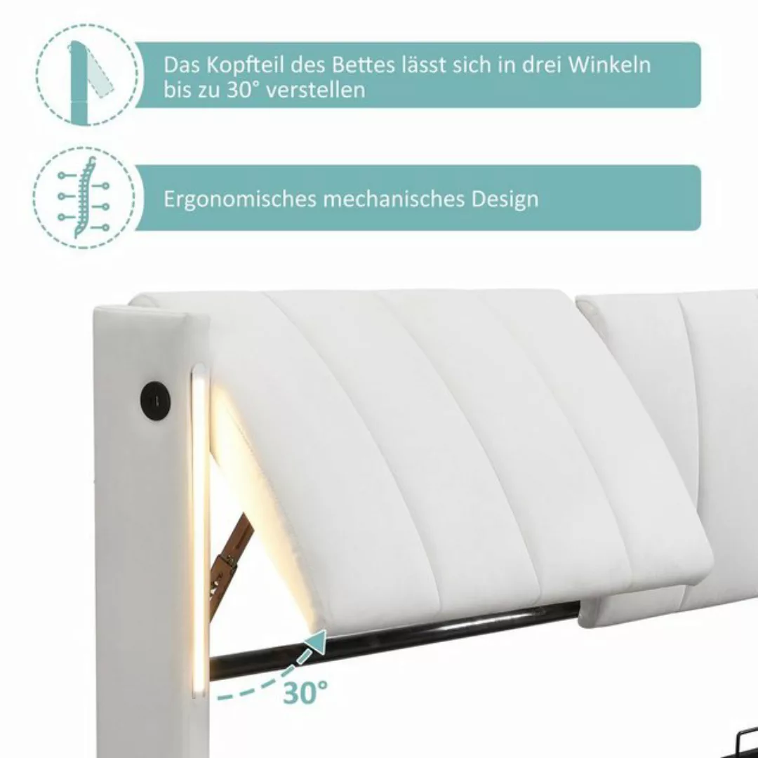 Flieks Polsterbett, LED Stauraumbett Doppelbett mit USB/ Verstellbarem Kopf günstig online kaufen