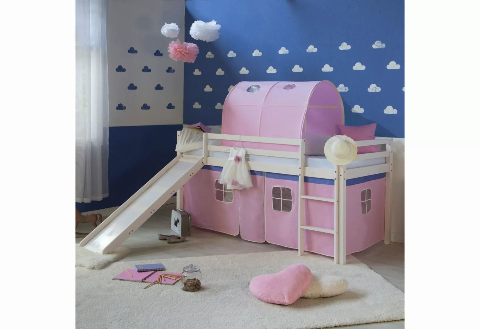 Homestyle4u Hochbett Kinderbett mit Leiter und Vorhang Weiß Rosa Holz Trepp günstig online kaufen