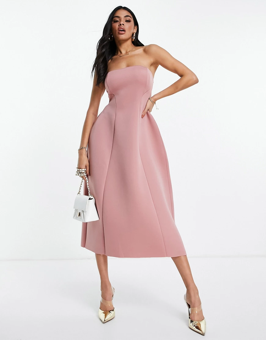 ASOS DESIGN – Trägerloses Midi-Skater-Kleid in Rosé mit Rückenausschnitt-Me günstig online kaufen