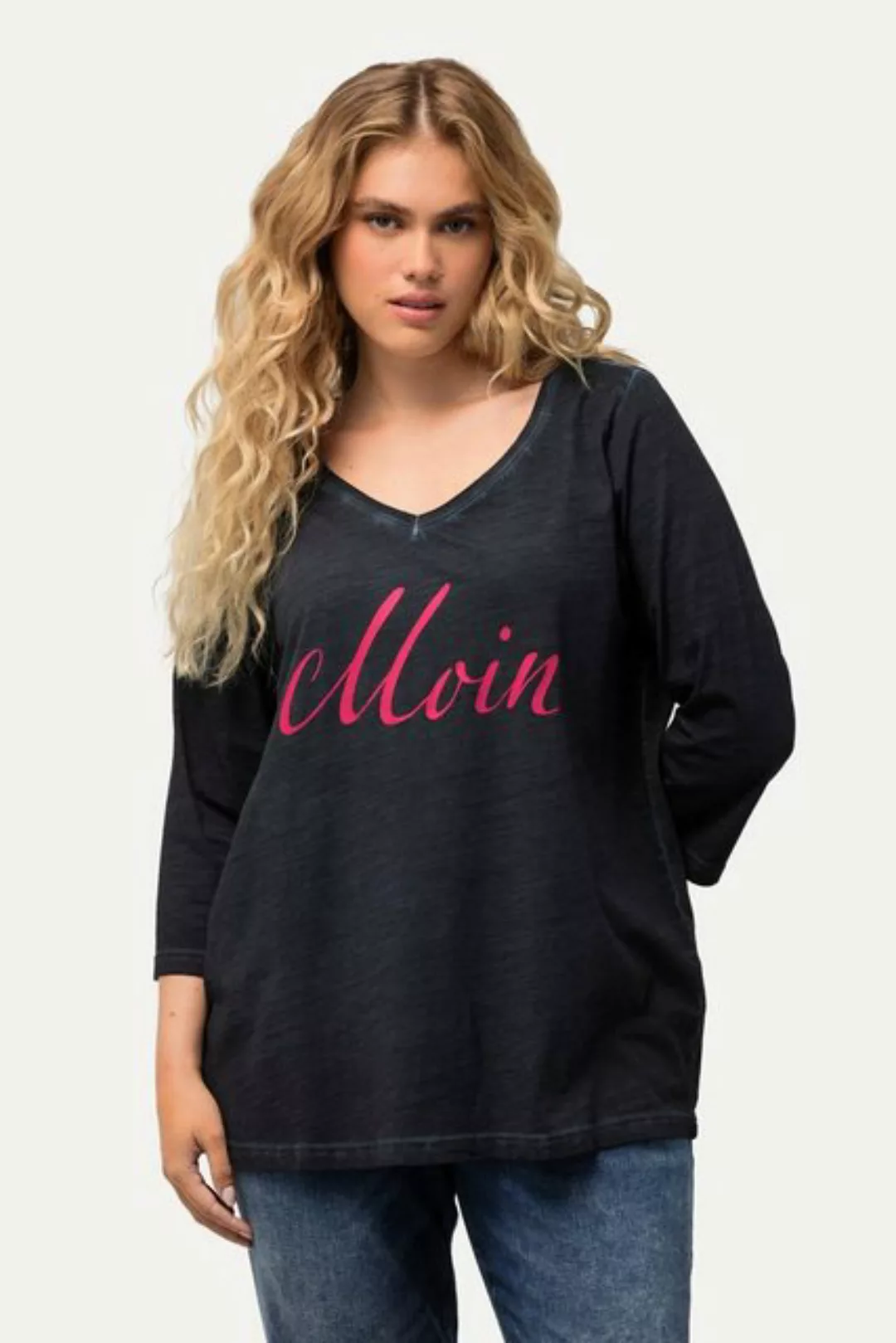 Ulla Popken Rundhalsshirt Shirt Moin Cold Dyed V-Ausschnitt 3/4-Arm günstig online kaufen