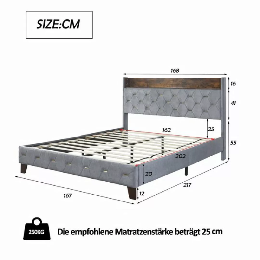 HAUSS SPLOE Polsterbett 160 x 200 cm Kopfteil mit USB-Anschluss, Samt Grau günstig online kaufen