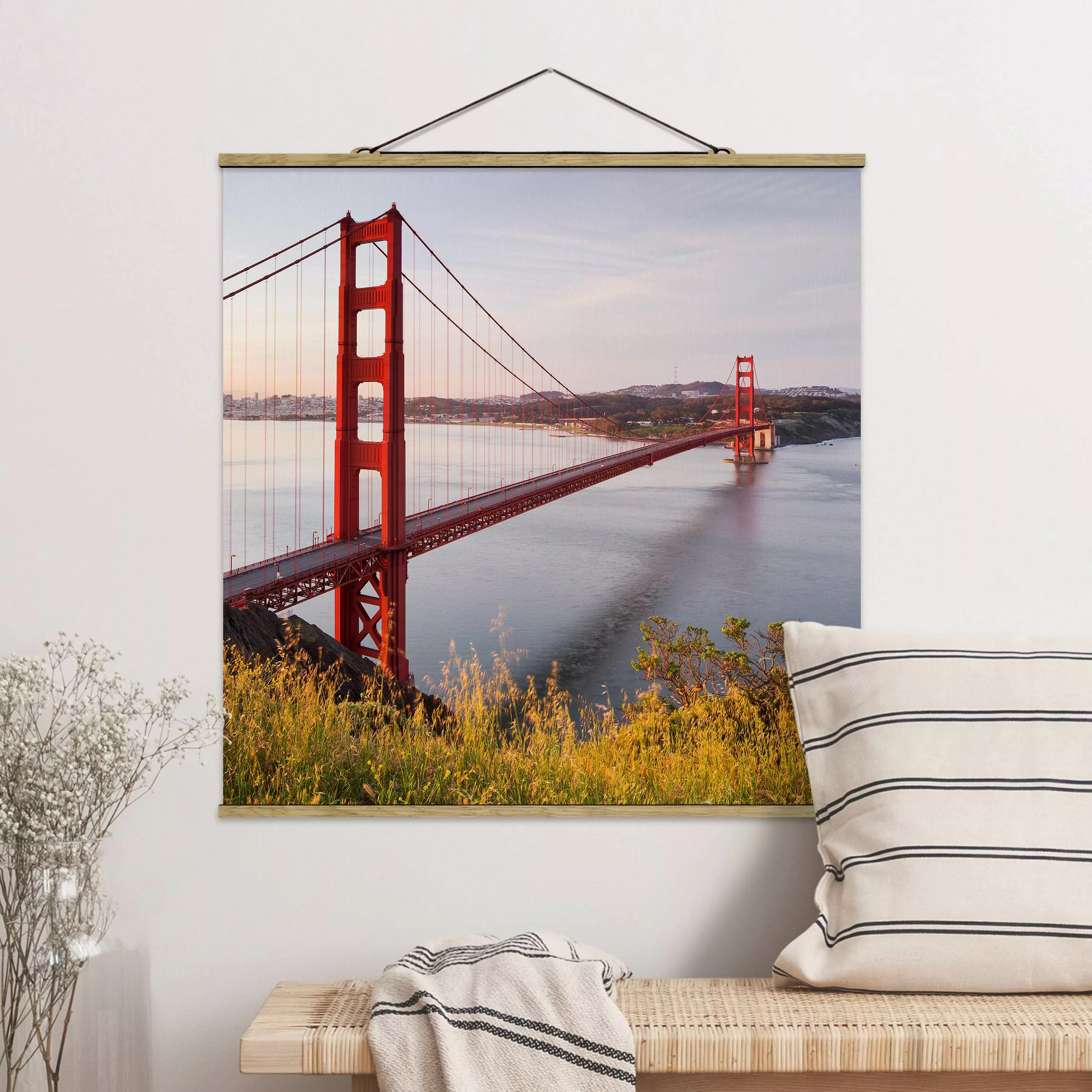 Stoffbild Architektur mit Posterleisten - Quadrat Golden Gate Bridge in San günstig online kaufen