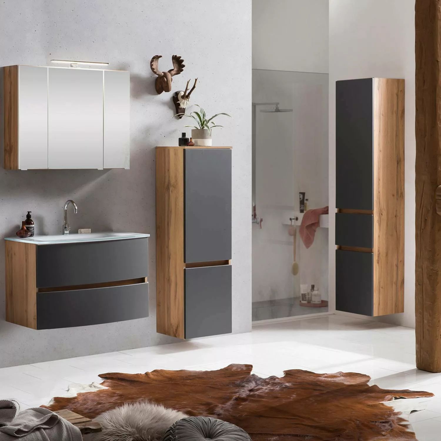 Badezimmermöbel Komplett Set LAURIA-03 in Wotaneiche Nb. mit matt grau, 3D günstig online kaufen