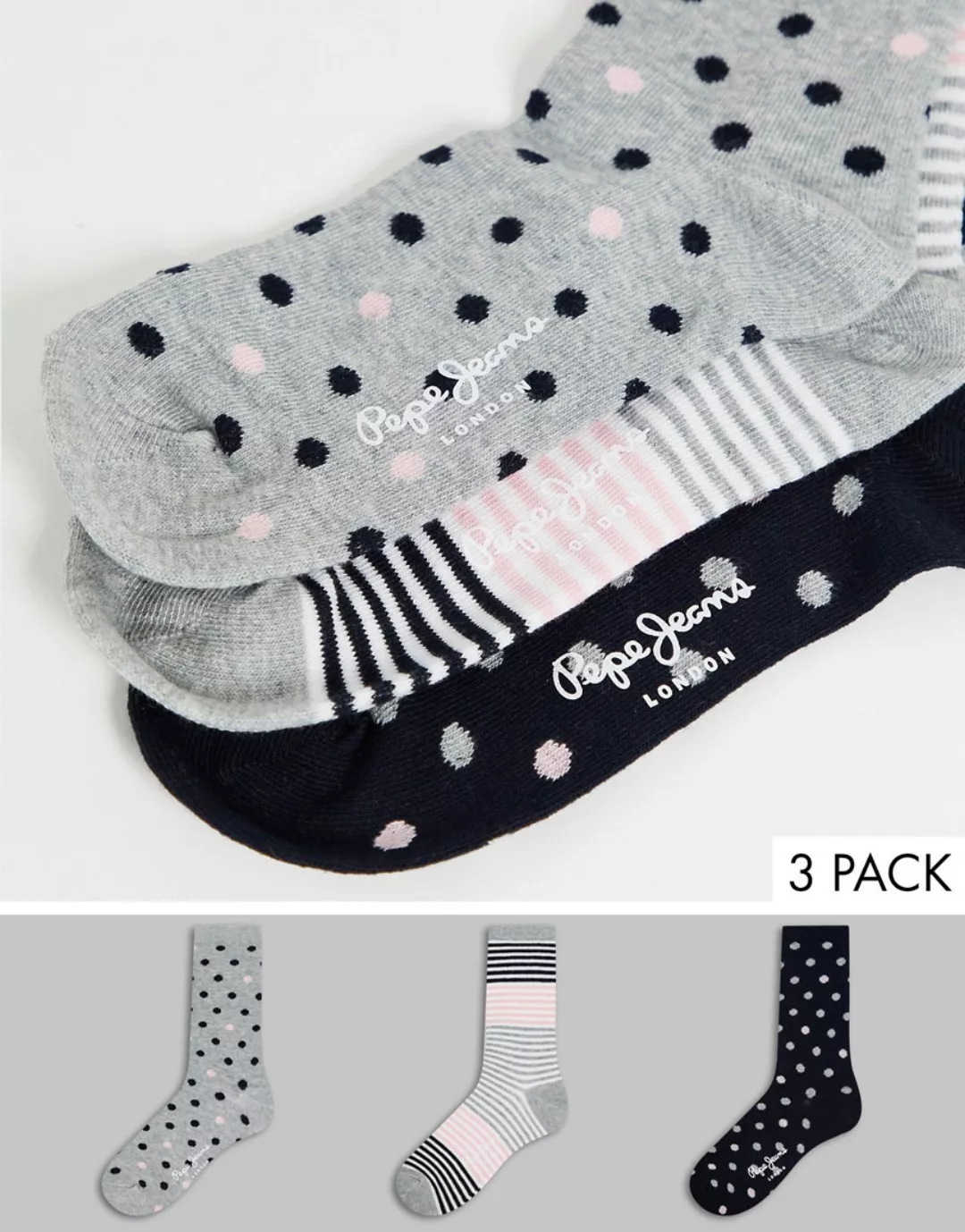 Pepe Jeans – Evelyn – 3er-Pack Socken mit Streifen und Punkten in Schwarz, günstig online kaufen