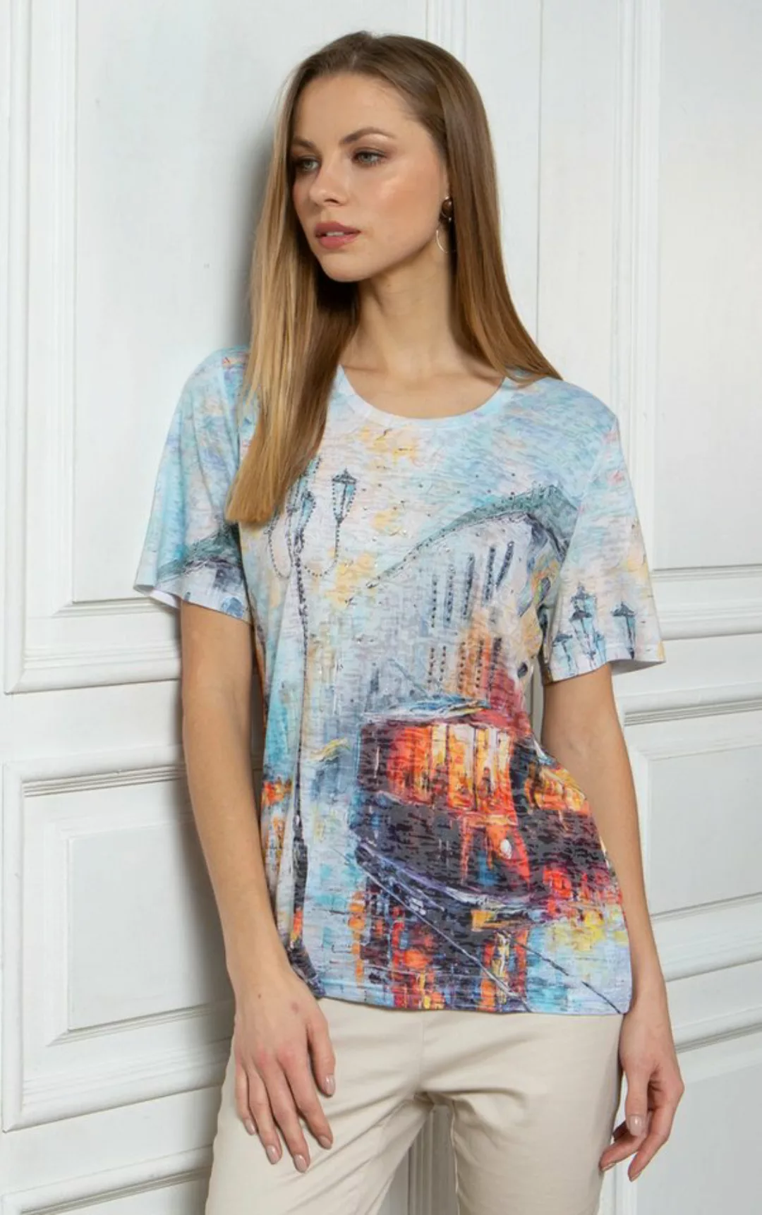 Passioni Print-Shirt Sommerliches T-Shirt mit malerischem abendlichen Straß günstig online kaufen