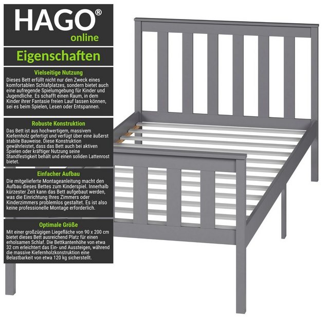 HAGO Bettgestell Einzelbett 90x200cm Grau Bettrahmen Jugendbett Kinderbett günstig online kaufen