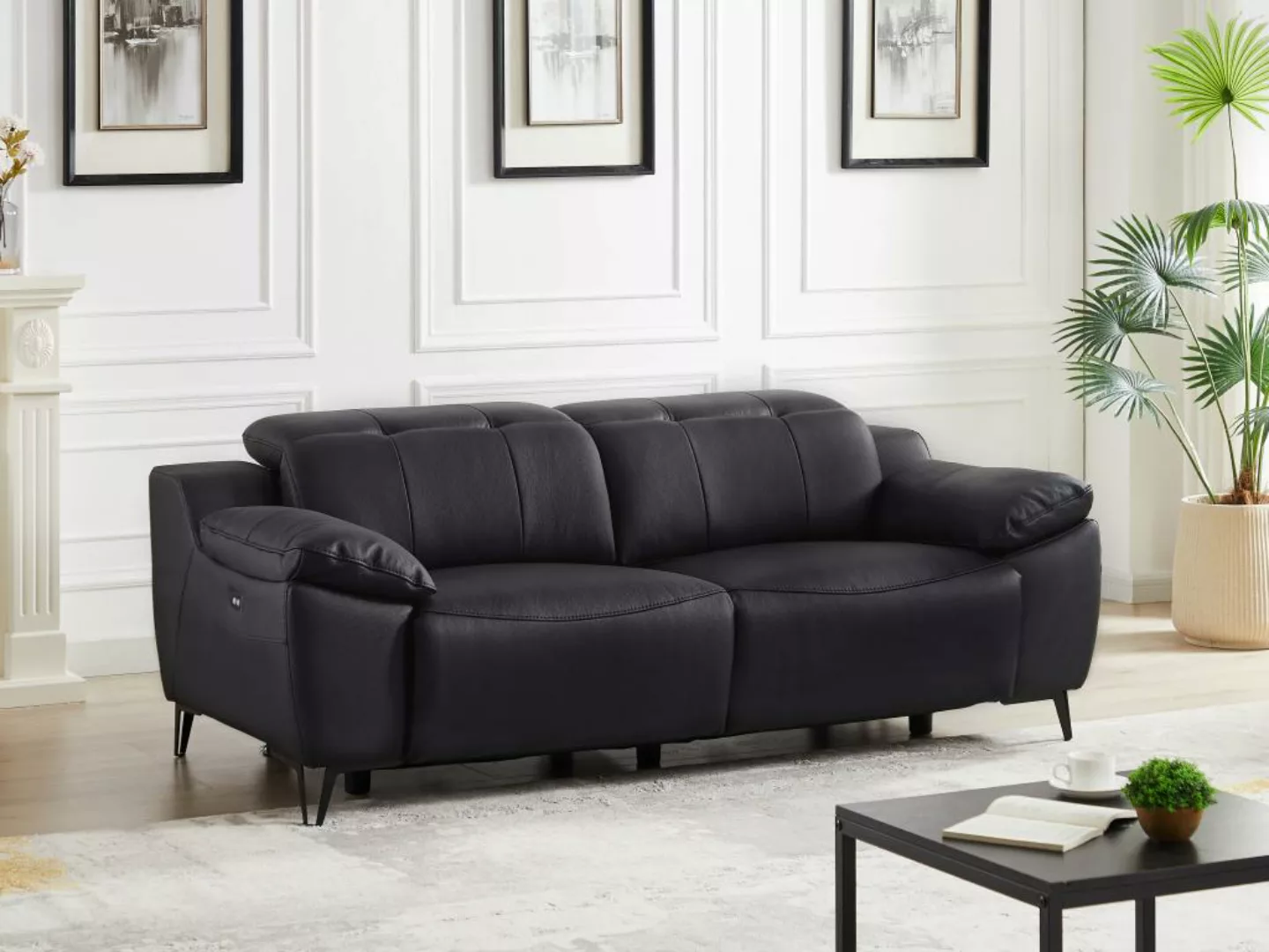 Relaxsofa 3-Sitzer elektrisch - Leder - Schwarz - ROVETO günstig online kaufen