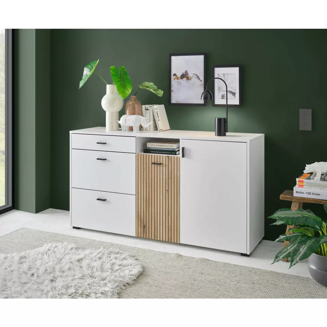 Sideboard Hudson weiß matt Eiche Evoke Coast Nachbildung B/H/T: ca. 150x22x günstig online kaufen