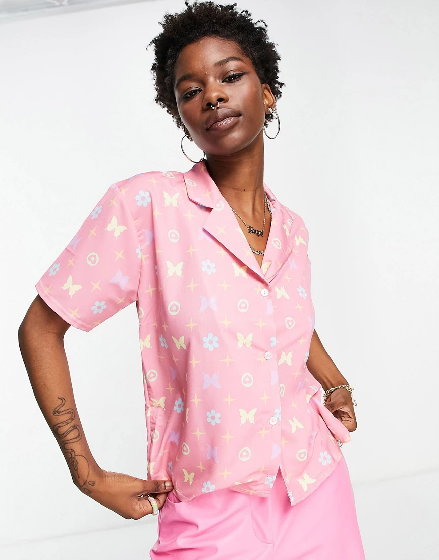 New Girl Order – Kastiges Oversized-Hemd mit Monogramm-Print, Kombiteil-Ros günstig online kaufen