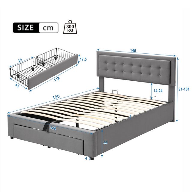 REDOM Polsterbett Doppelbett (Doppelbett, mit 2 Schubladen, Holzlattenunter günstig online kaufen