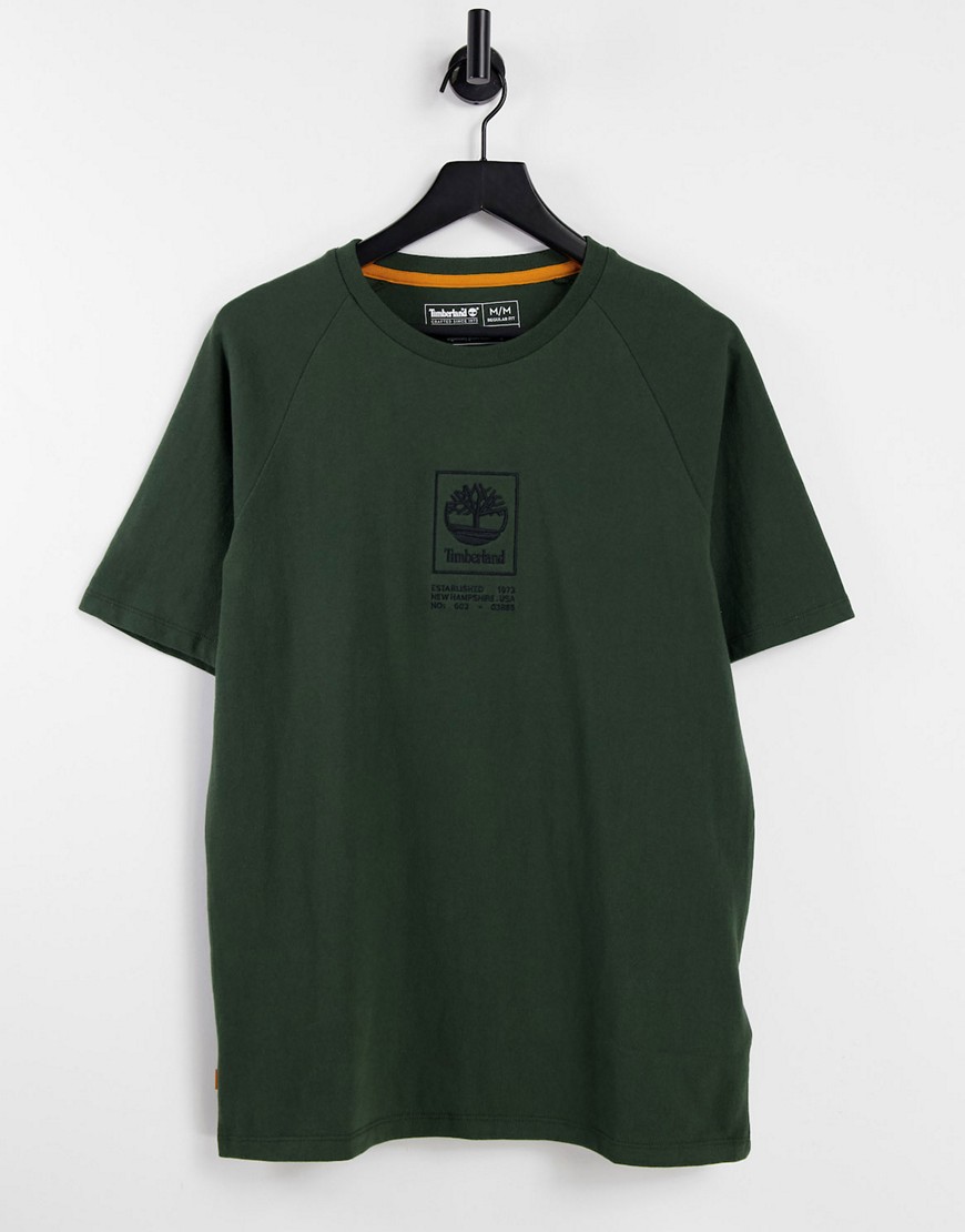 Timberland – Stack – T-Shirt aus schwerem Material in Dunkelgrün mit Logo günstig online kaufen
