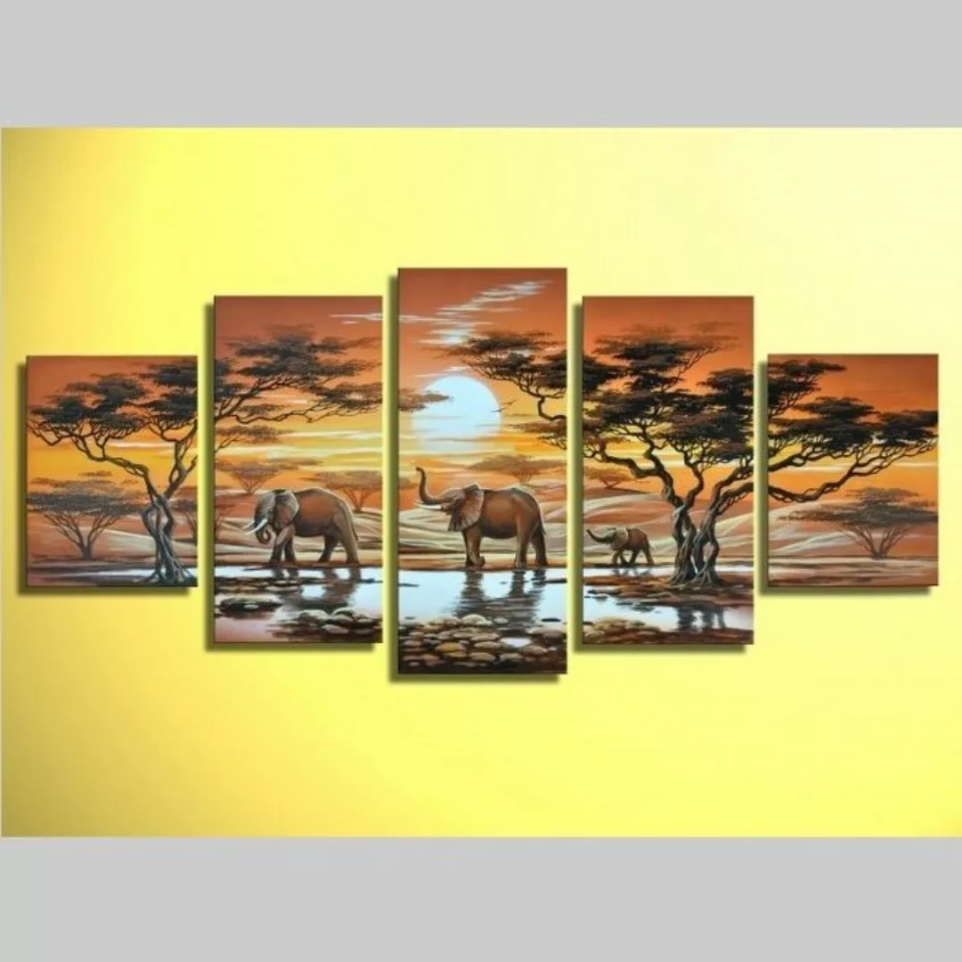 5 Leinwandbilder AFRIKA Elefant (6) 150 x 70cm Handgemalt günstig online kaufen