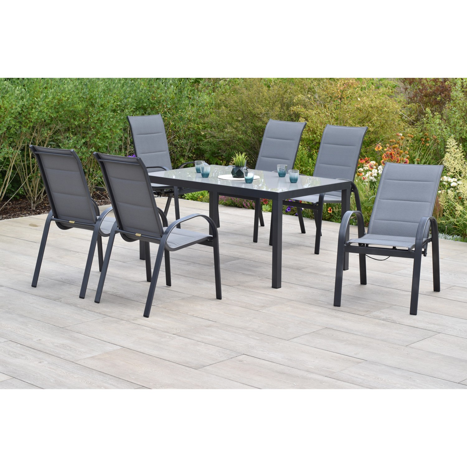 Merxx Amalfi Set 7 -tlg. 6 Stapelsessel Gartentisch 150 x 90 cm Grau günstig online kaufen