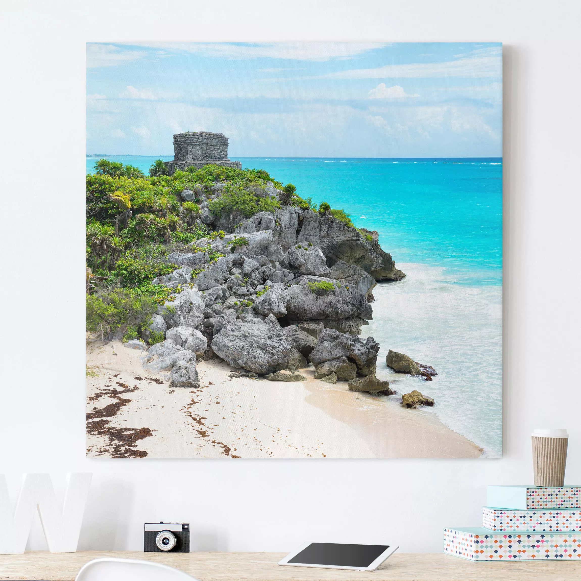 Leinwandbild Strand - Quadrat Karibikküste Tulum Ruinen günstig online kaufen