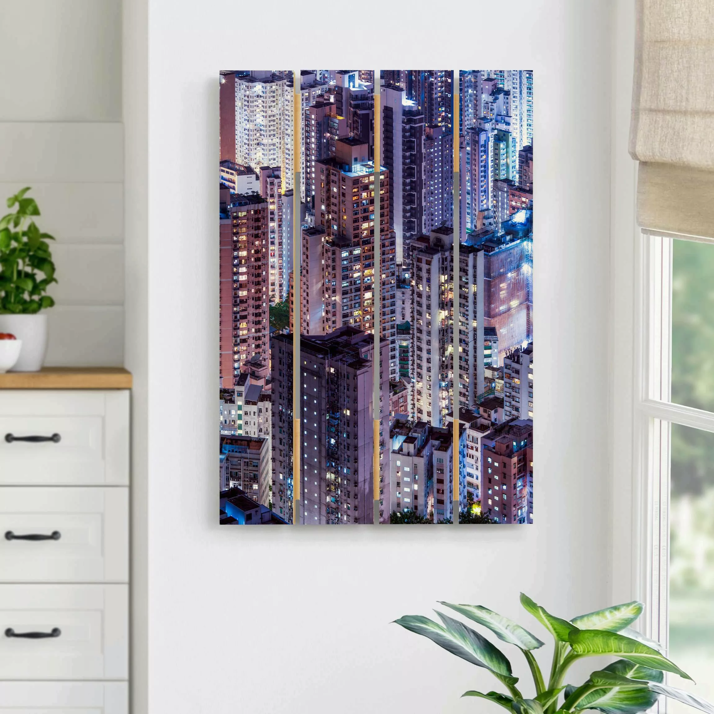 Holzbild Plankenoptik Hongkong Lichtermeer günstig online kaufen