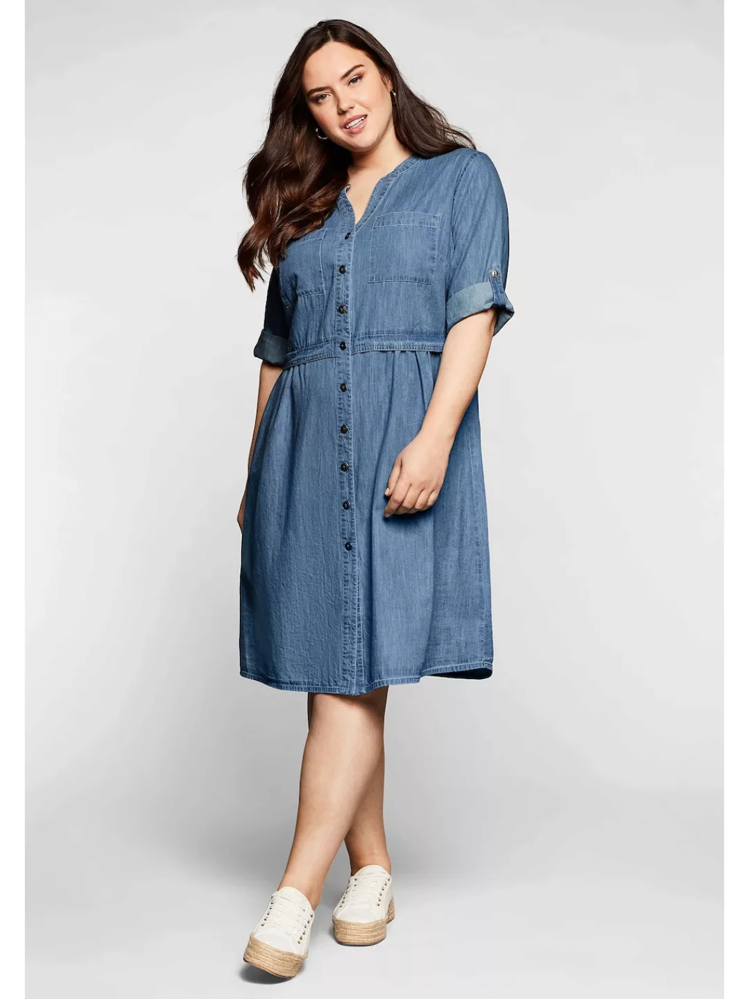 Sheego Jeanskleid "Große Größen", mit Knopfleiste und hoher Taille günstig online kaufen