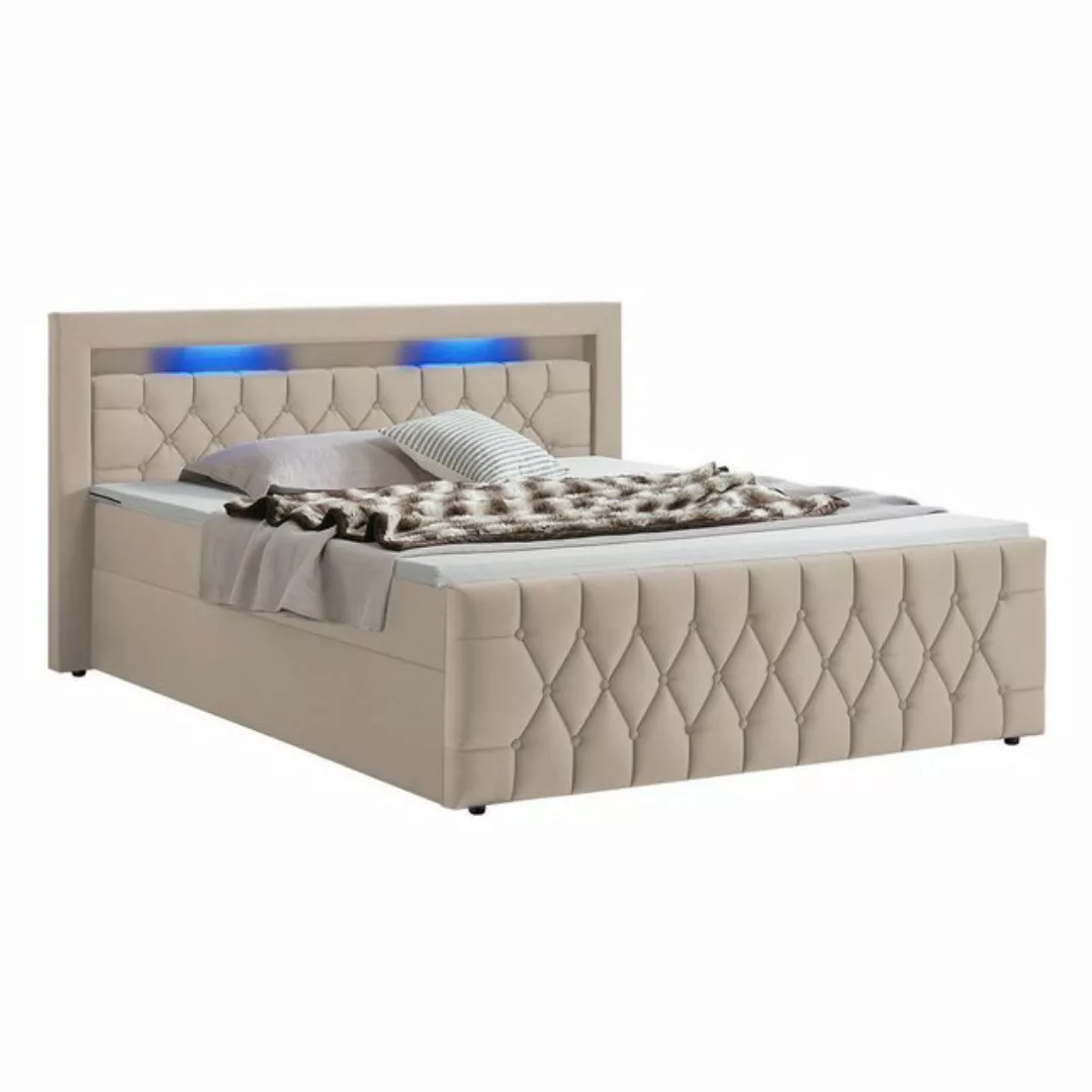 Juskys Polsterbett Leona, 180x200 cm, Boxspringbett-Optik, Samt-Bezug, LED- günstig online kaufen