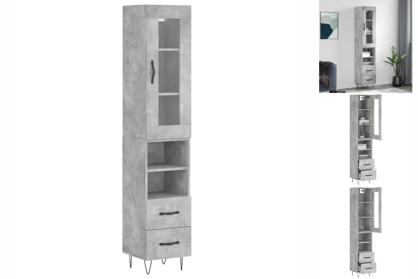 vidaXL Vitrine Highboard Betongrau 34,5x34x180 cm Spanplatte Glas Vitrine günstig online kaufen