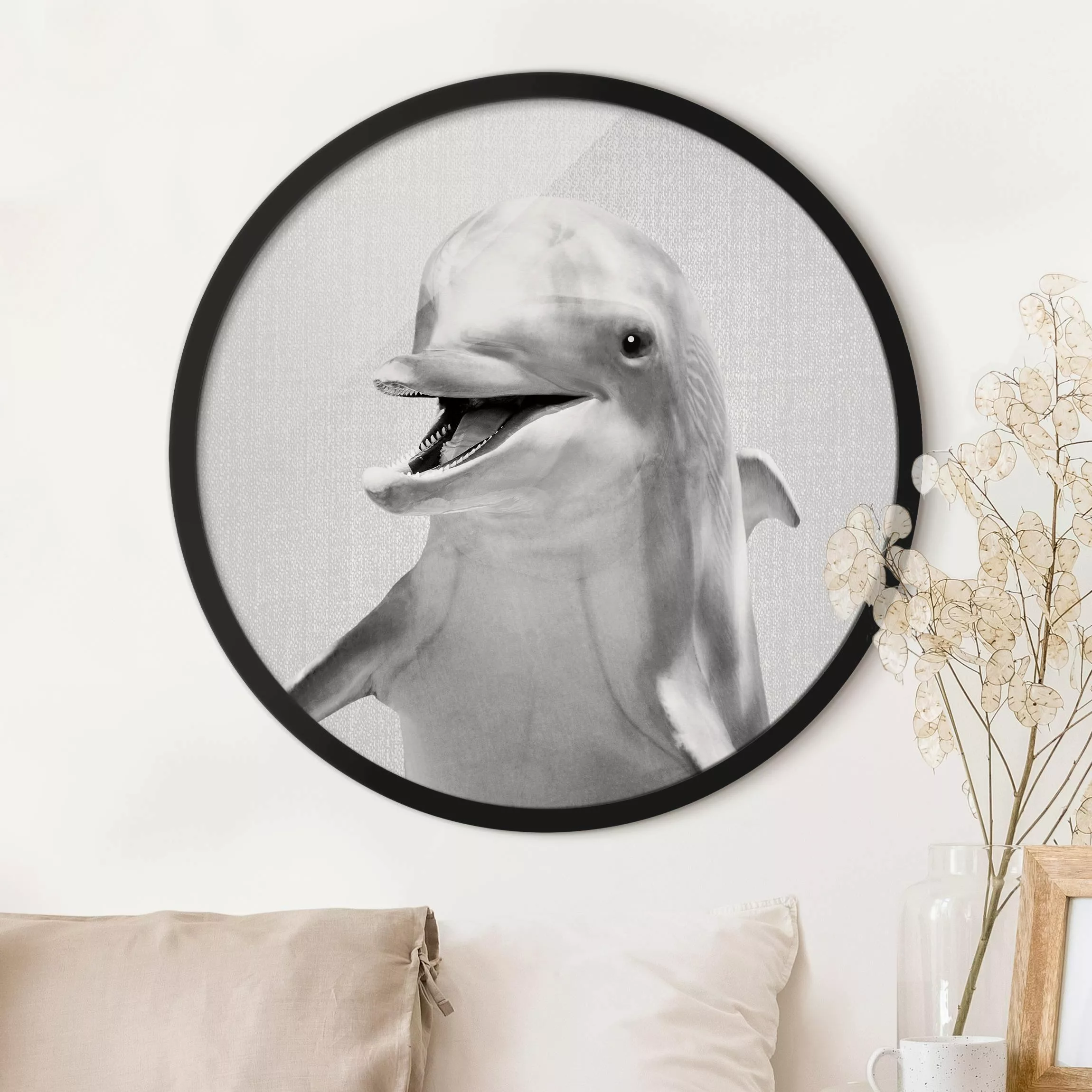 Rundes Gerahmtes Bild Delfin Diddi Schwarz Weiß günstig online kaufen