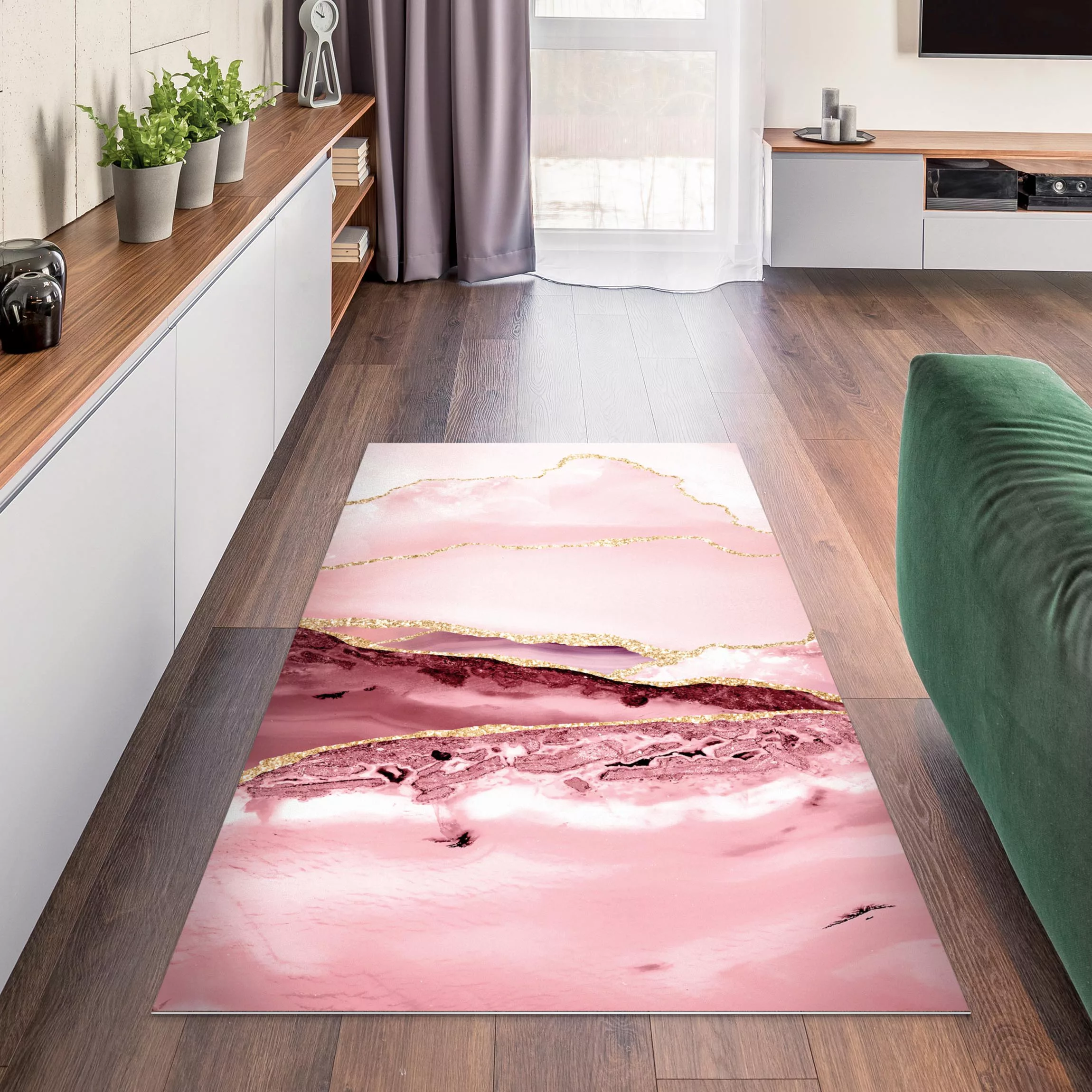 Vinyl-Teppich Abstrakte Berge Rosa mit Goldenen Linien günstig online kaufen