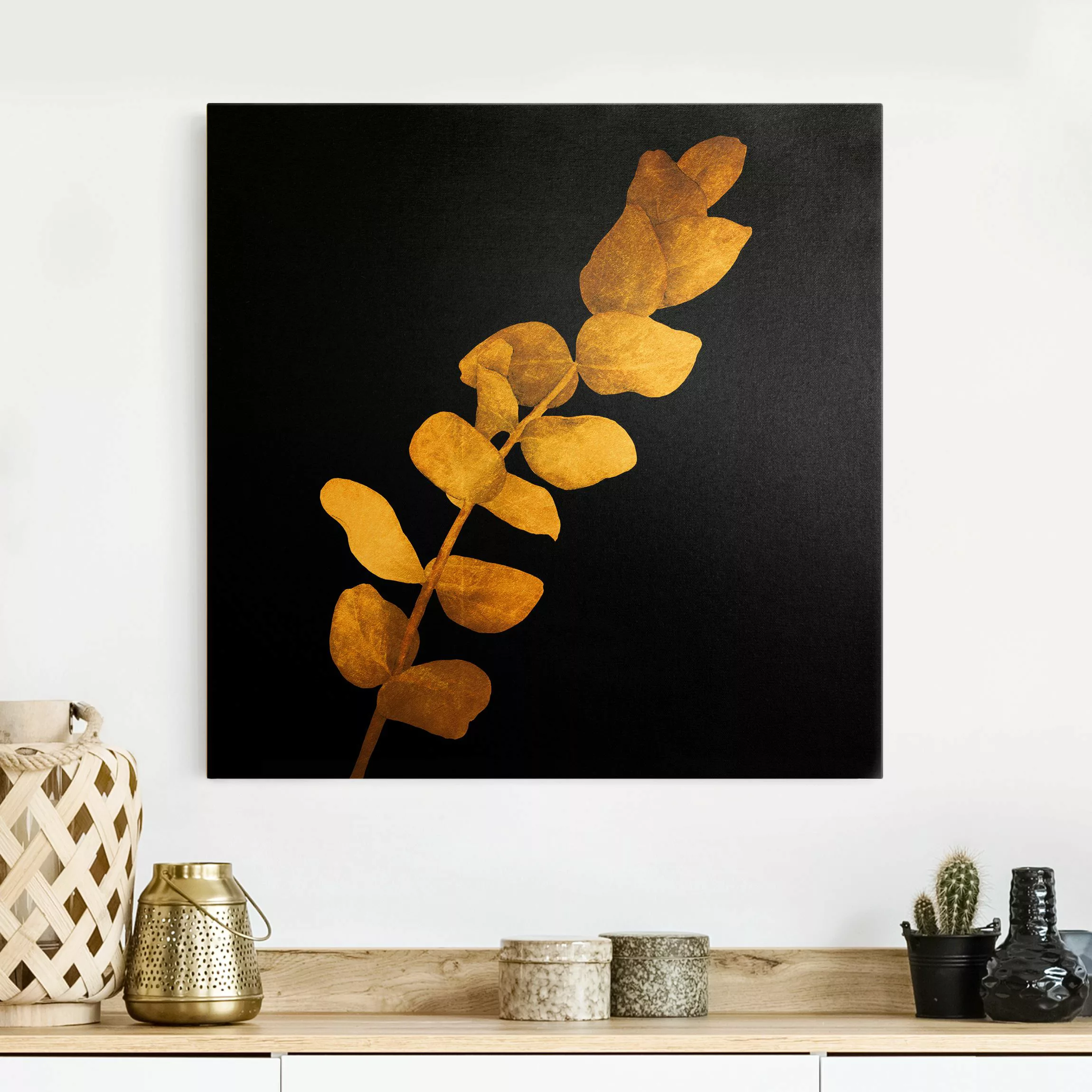 Leinwandbild Gold Gold - Eukalyptus auf Schwarz günstig online kaufen