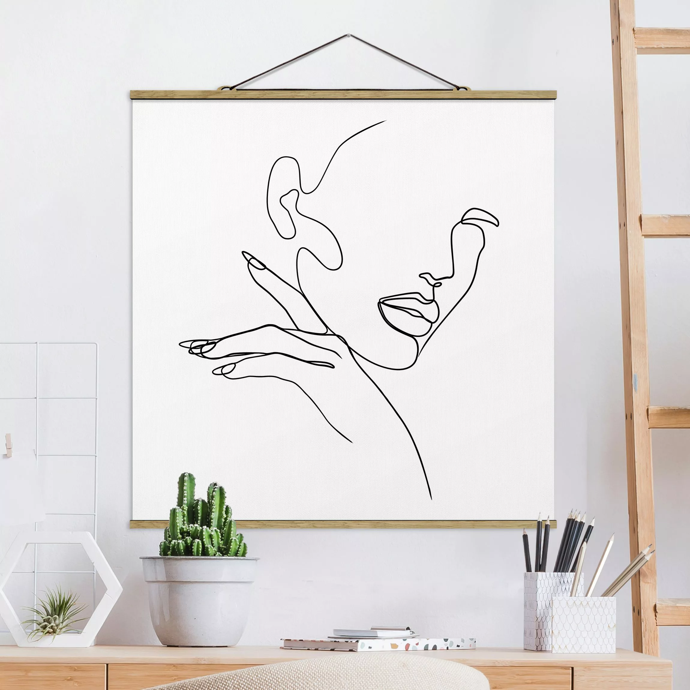 Stoffbild Abstrakt mit Posterleisten - Quadrat Line Art Frau Portrait Schwa günstig online kaufen