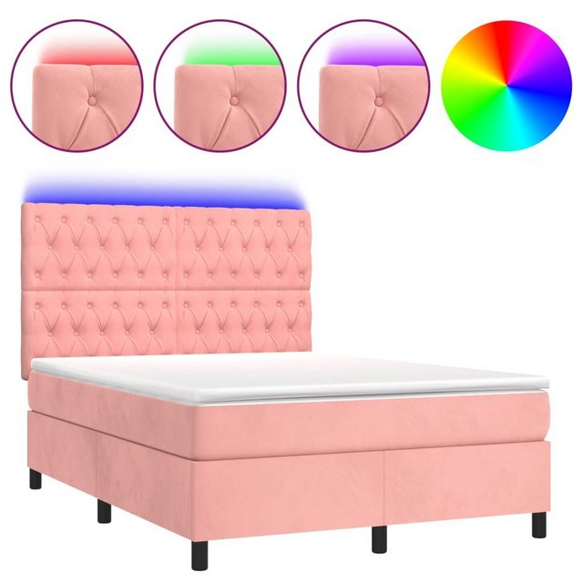 vidaXL Boxspringbett Boxspringbett mit Matratze LED Rosa 140x200 cm Samt Be günstig online kaufen