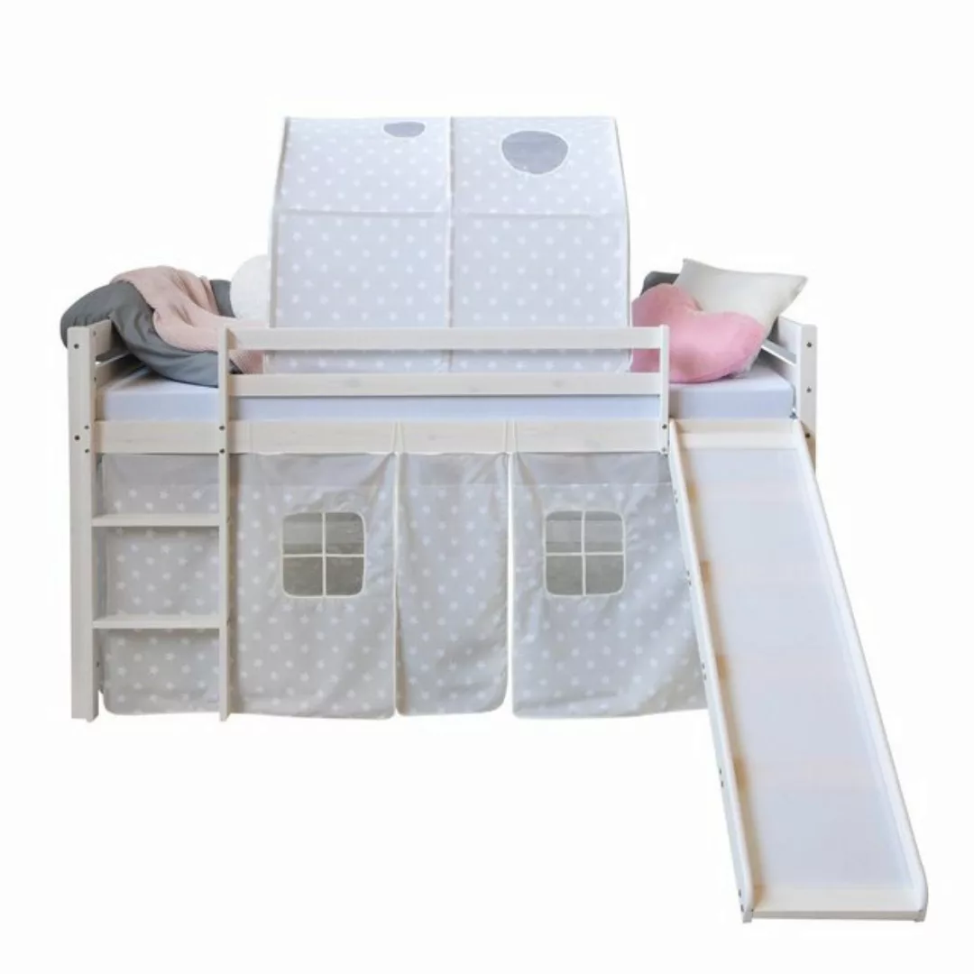 Homestyle4u Hochbett 90x200 cm Weiß mit Vorhang Sterne Grau Spielbett für 1 günstig online kaufen