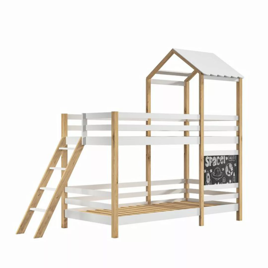 Furnishings Home Etagenbett 90x200cm weißes Holzbett mit Treppe + Zeichenbr günstig online kaufen