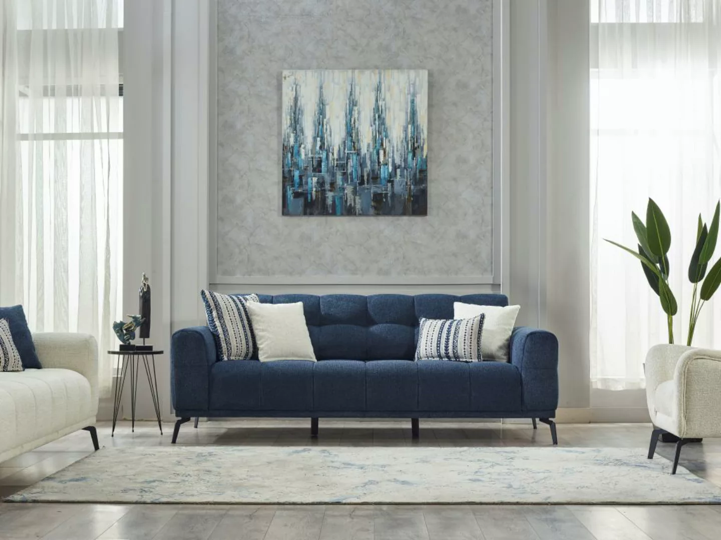Sofa 3-Sitzer - melierter Stoff - Blau - RICADI von Pascal Morabito günstig online kaufen