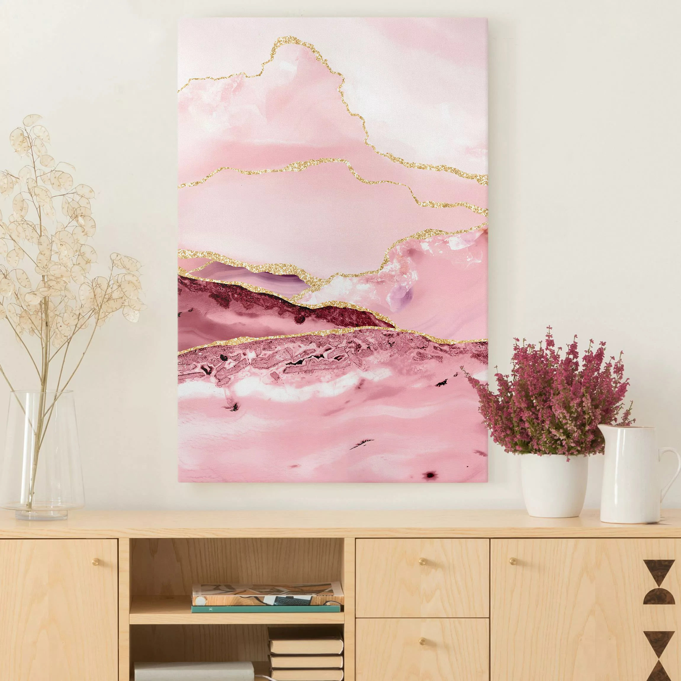 Leinwandbild Abstrakte Berge Rosa mit Goldenen Linien günstig online kaufen