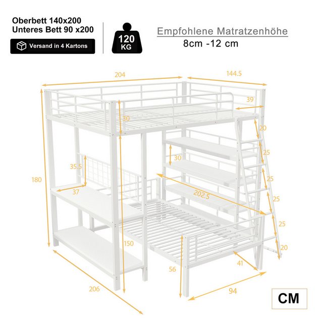 Flieks Etagenbett, Metallbett 140x200cm mit trennbarem Unterbett 90x200cm & günstig online kaufen