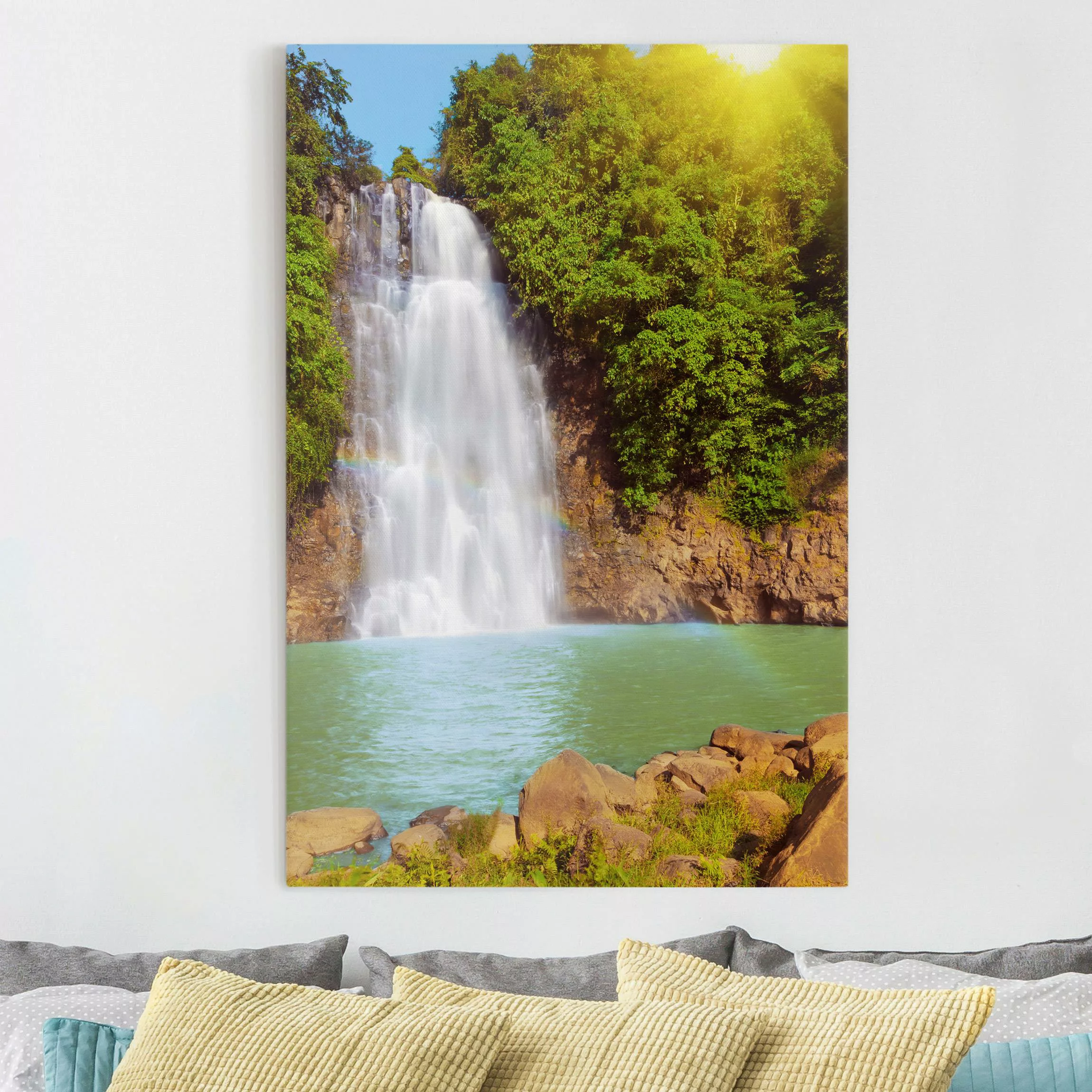 Leinwandbild Wasserfall - Hochformat Wasserfall Romantik günstig online kaufen