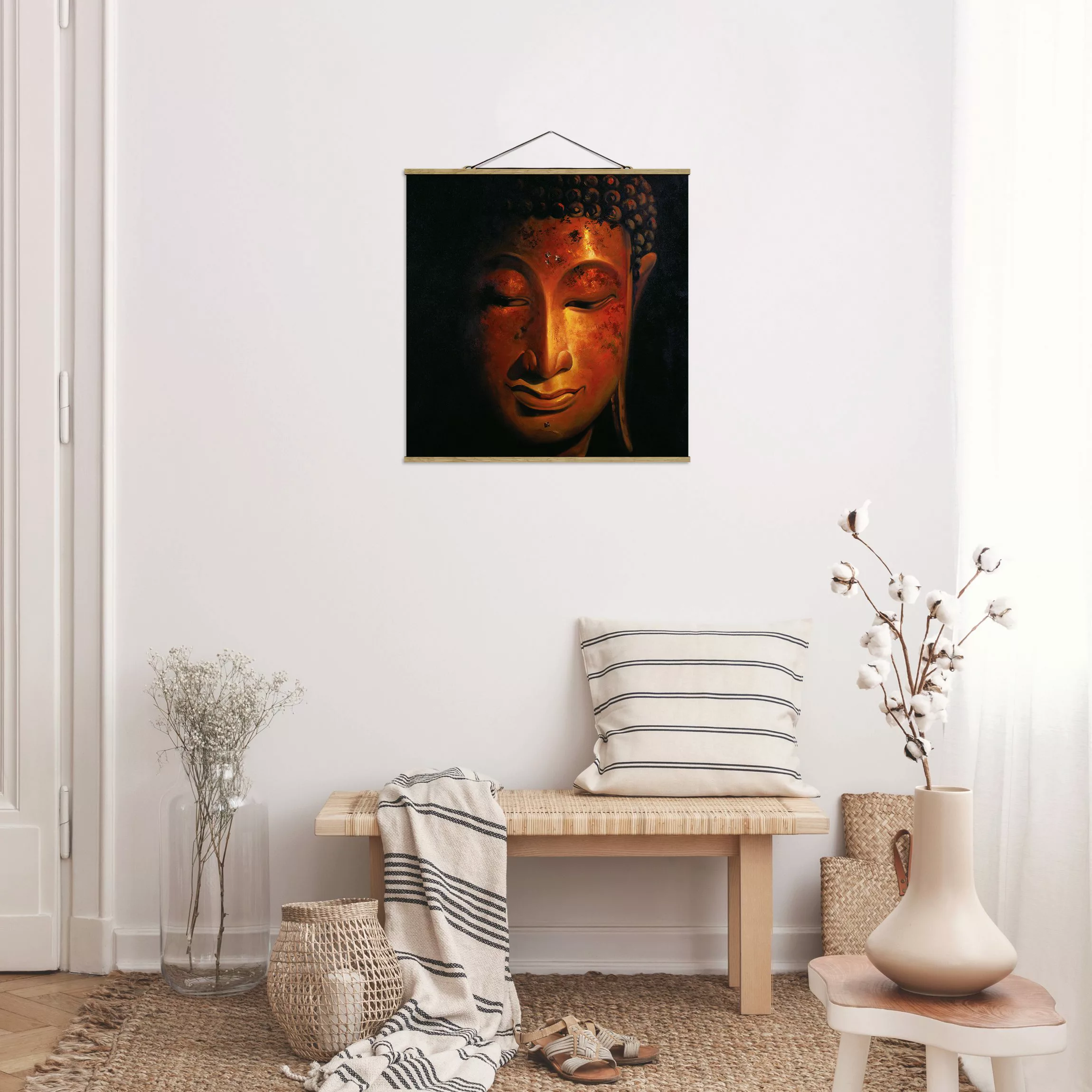 Stoffbild Buddha mit Posterleisten - Quadrat Madras Buddha günstig online kaufen
