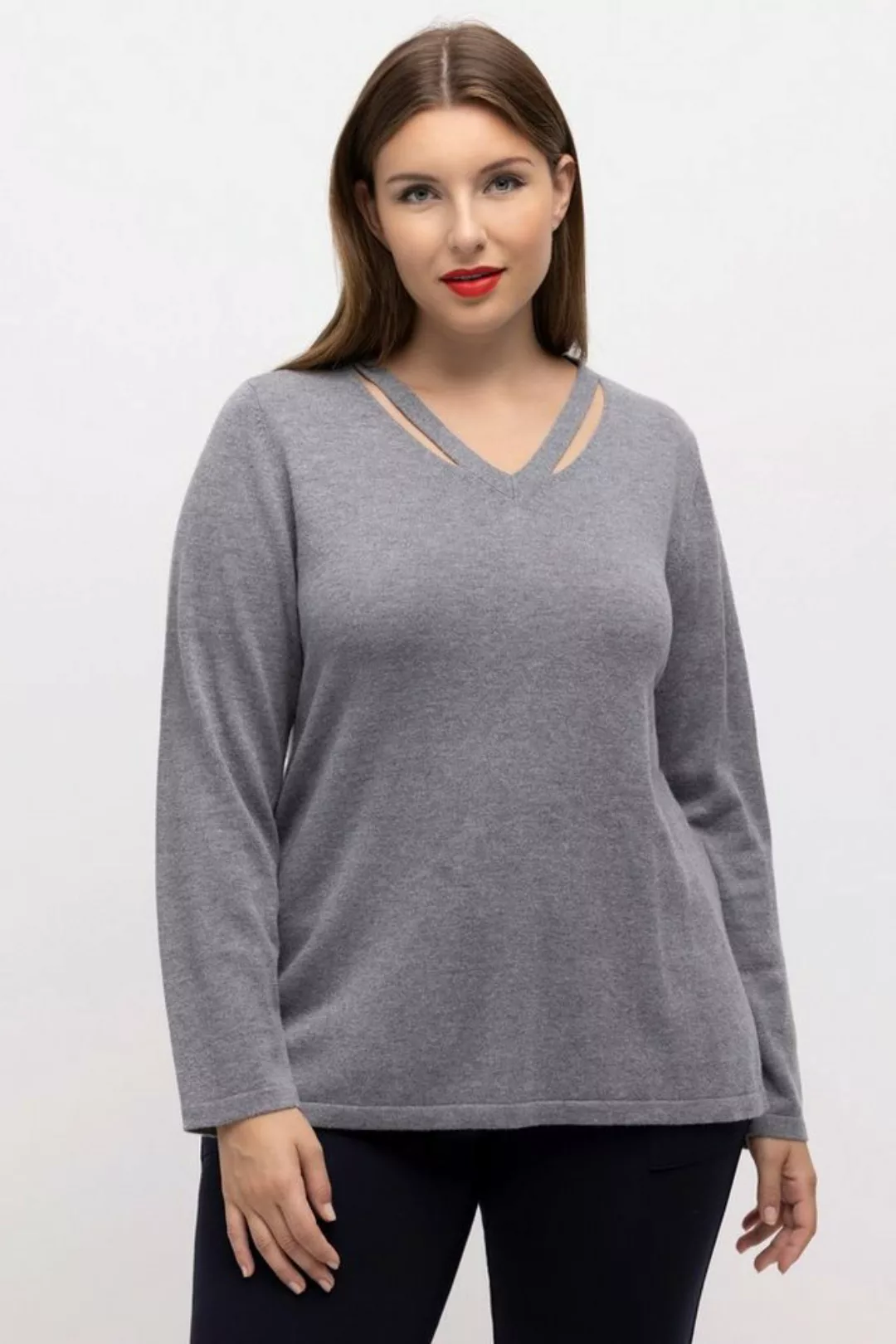 Ulla Popken Strickpullover Wollpullover Cut-Outs V-Ausschnitt Langarm günstig online kaufen