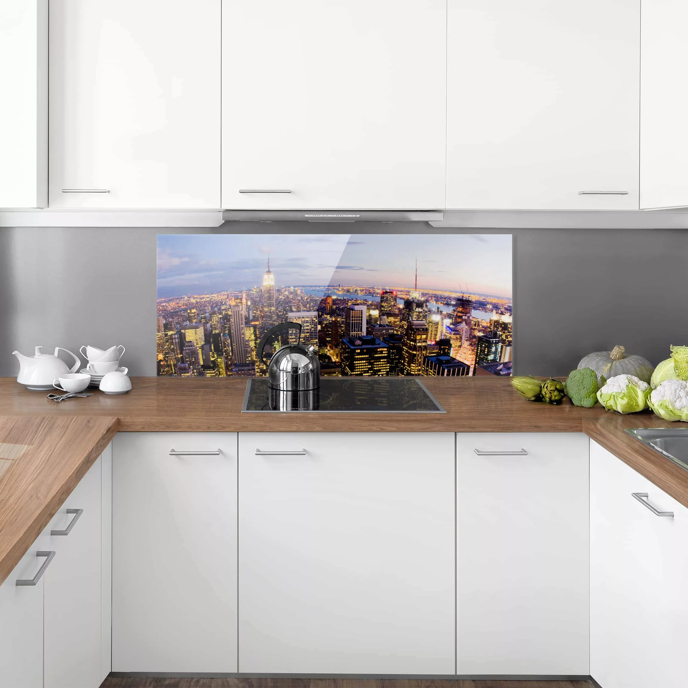 Glas Spritzschutz - Panorama New York Skyline bei Nacht günstig online kaufen