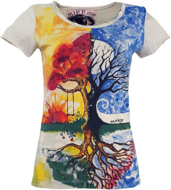 Guru-Shop T-Shirt Mirror Damen T-Shirt - Tree of Life beige Festival, Goa S günstig online kaufen