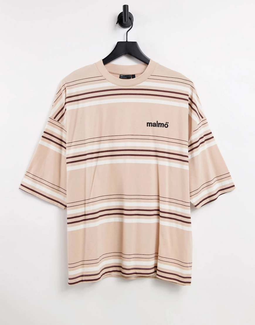 ASOS DESIGN – Gestreiftes Oversize-T-Shirt in Beige mit Schriftzugstickerei günstig online kaufen