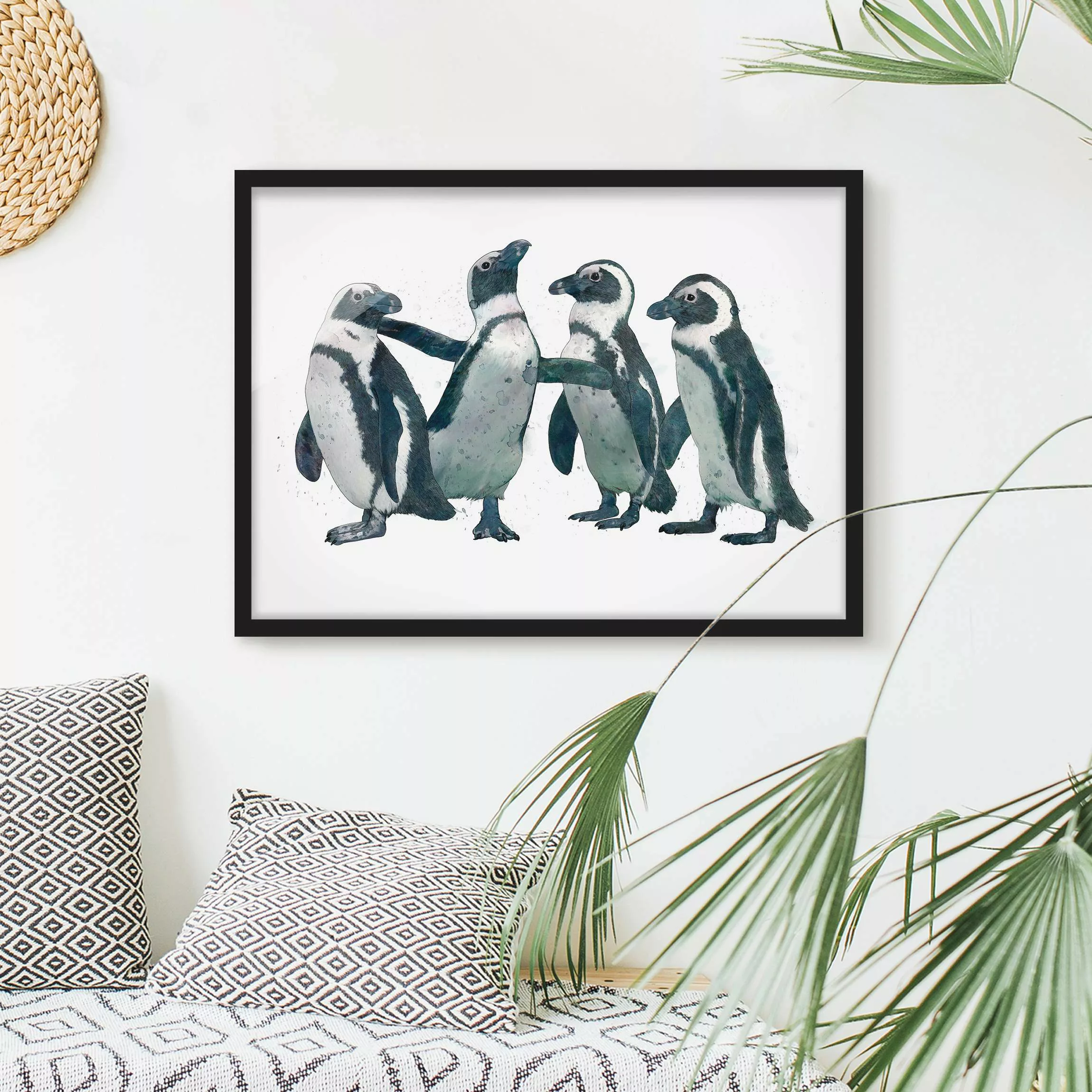 Bild mit Rahmen Tiere - Querformat Illustration Pinguine Schwarz Weiß Aquar günstig online kaufen