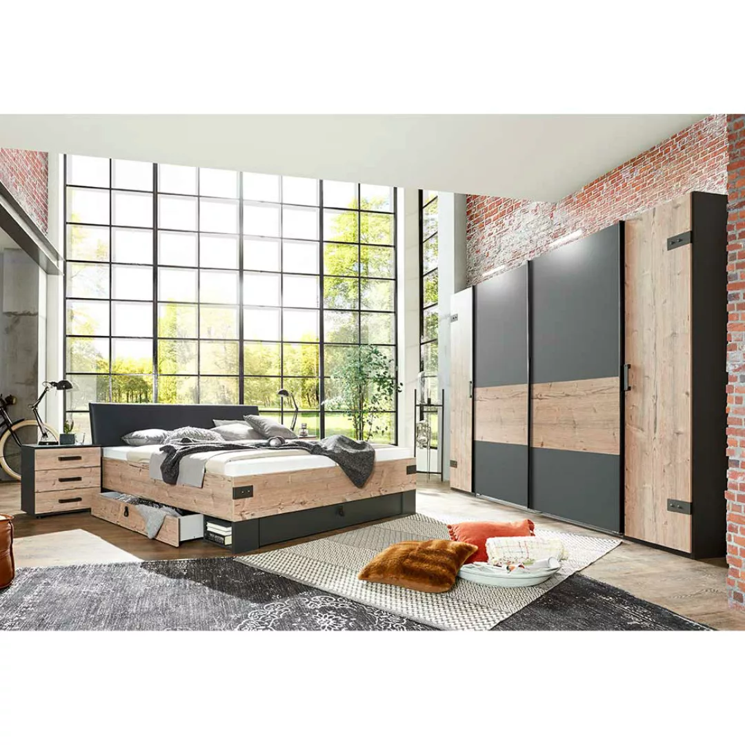 Schlafzimmer Set Industrial in Tannenfarben Dunkelgrau (vierteilig) günstig online kaufen